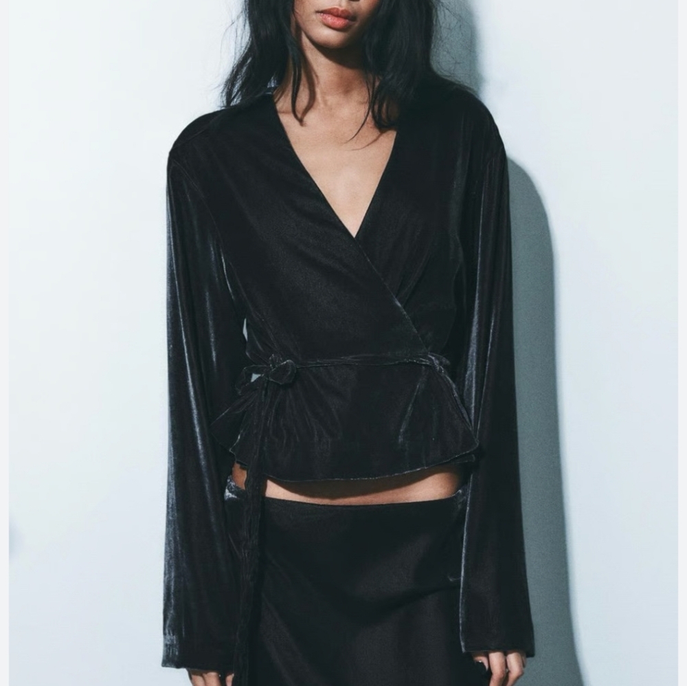 Zara Black VELVET Wrap Blouse
